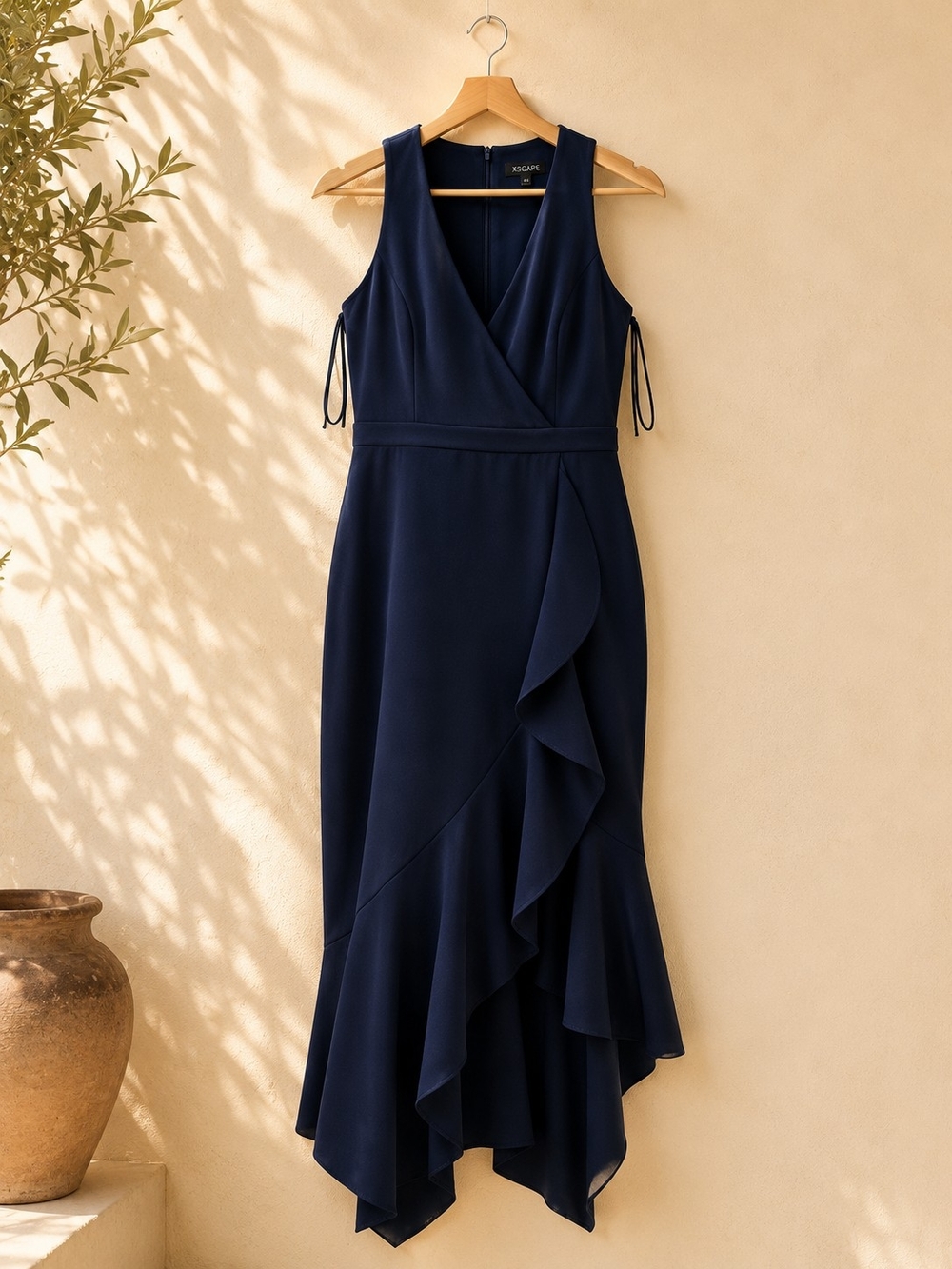 Xscape Navy Ruffle Midi Dress - Size 8